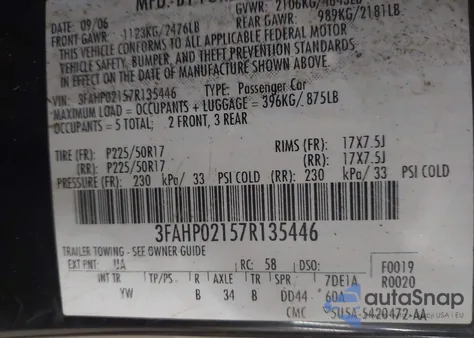 2007 Ford Fusion Sel from USA, damaged, VIN 3FAHP02157R135446